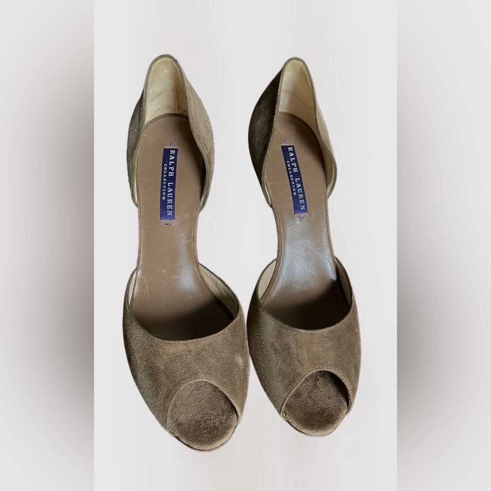 Ralph Lauren Purple Label Suede Brown Color Peep Toe Sexy Pumps Size 7 - Picture 9 of 17